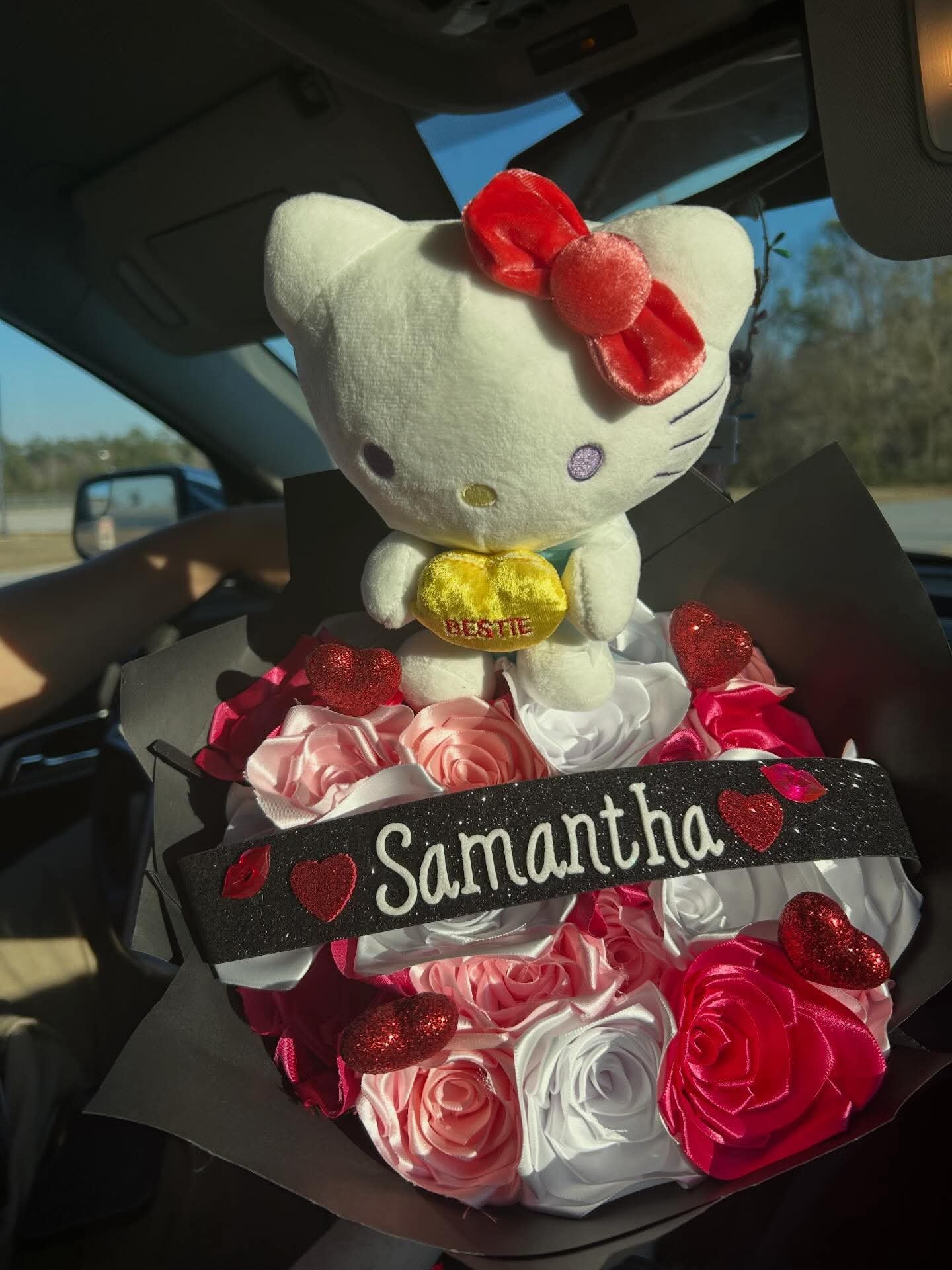 Ribbon rose bouquet with a Hello Kitty plush and a personalized Samantha name ribbon
